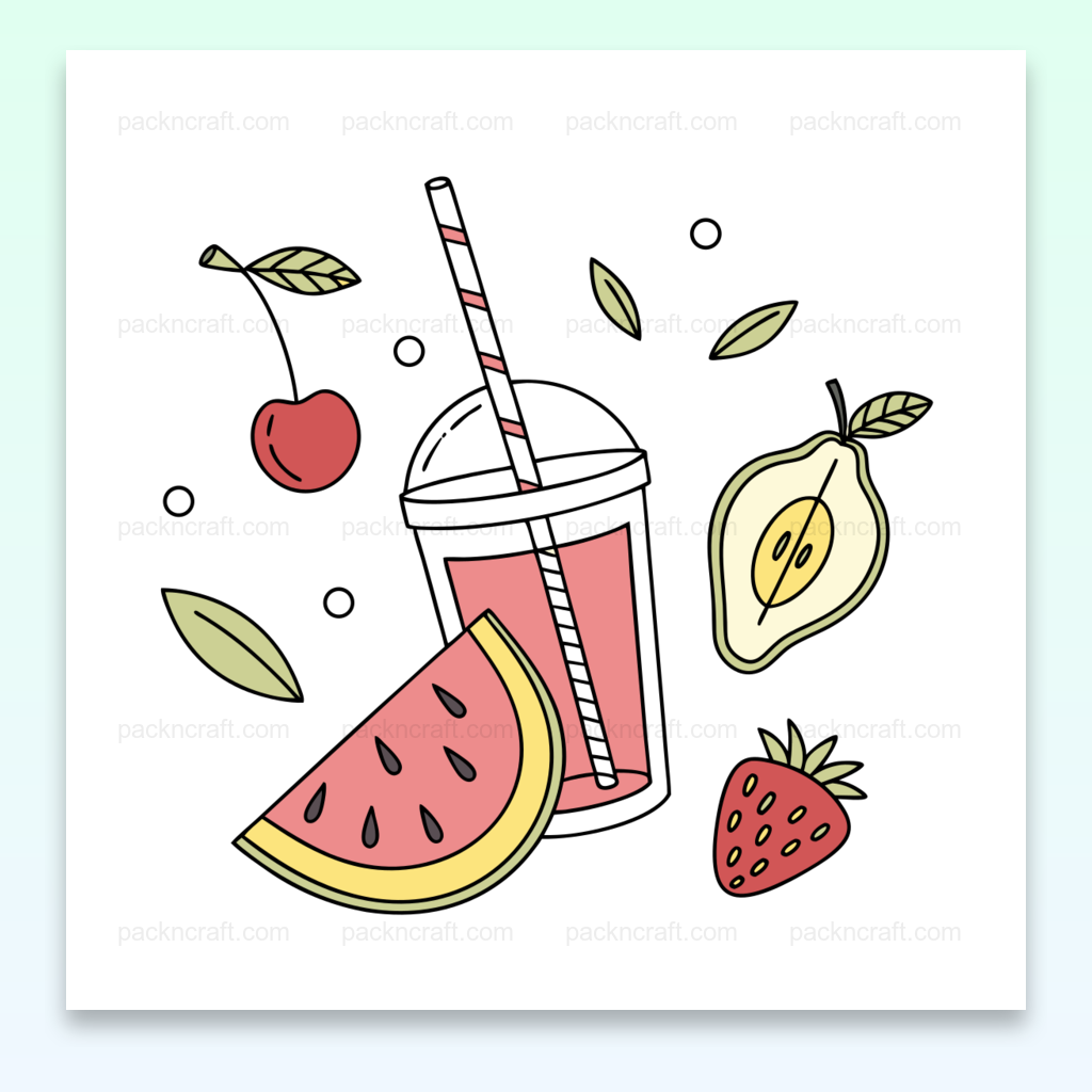 Illustration fruitée avec boisson, melon d'eau et autres fruits, format SVG pour créations éducatives et DIY.