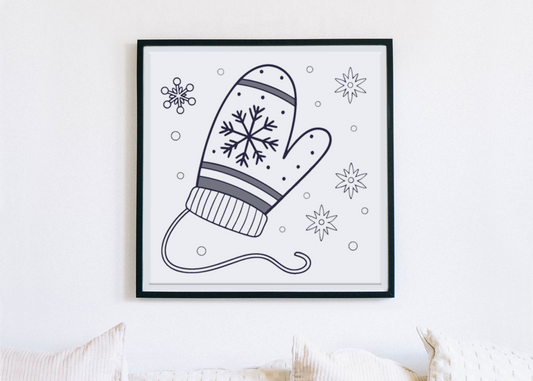 Cadre décoratif avec moufle et flocons minimalistes dans un style hivernal épuré