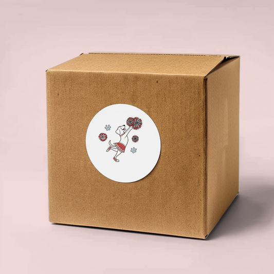 Sticker carré avec un chien joyeux et pompons pour un effet mignon enfants