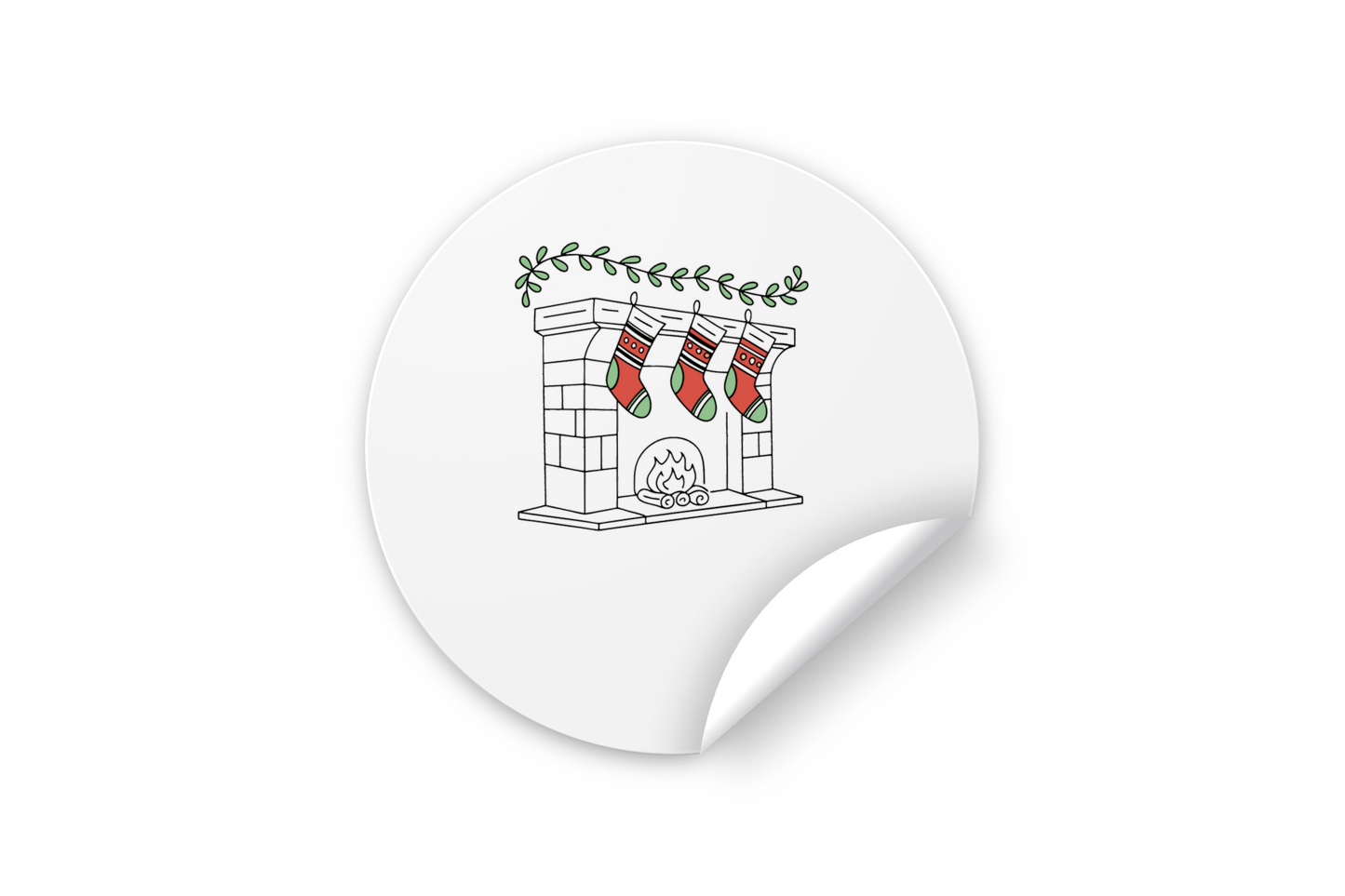 Sticker de Noël montrant des chaussettes au-dessus d'une cheminée dans un style flat