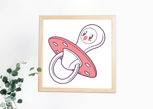 Cadre avec sucette enfantine pastel, idéal pour décorer une chambre de bébé