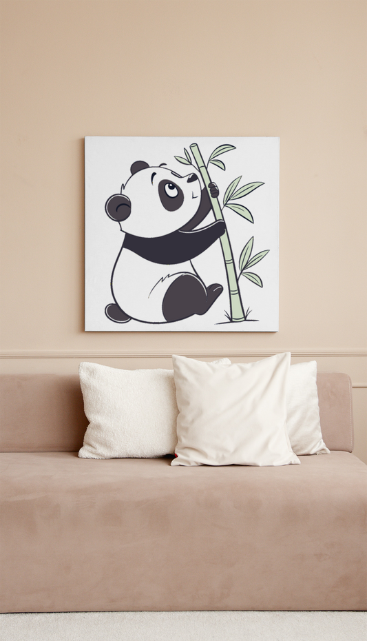 Cadre moderne avec un panda cartoon grimpant sur un fond boisé naturel