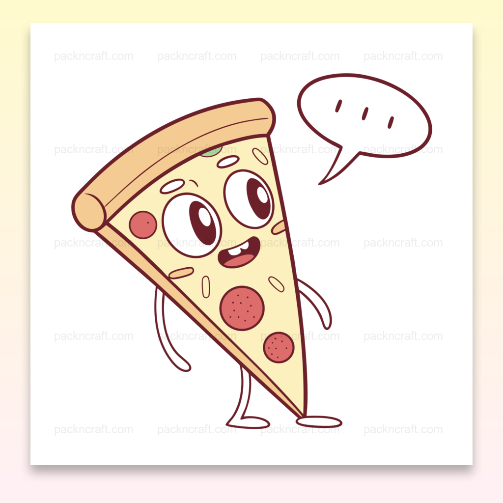 Illustration d'une tranche de pizza souriante, idéale pour créations amusantes.