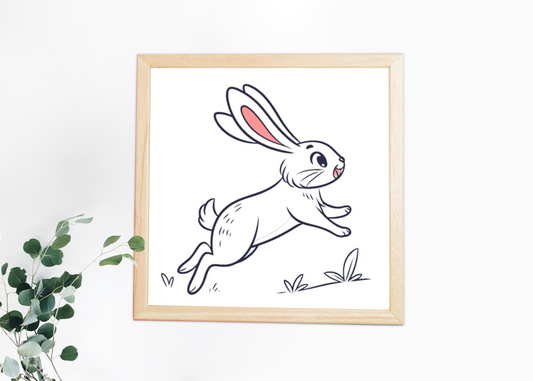 Cadre décoratif avec lapin bondissant, ambiance pastel printanière