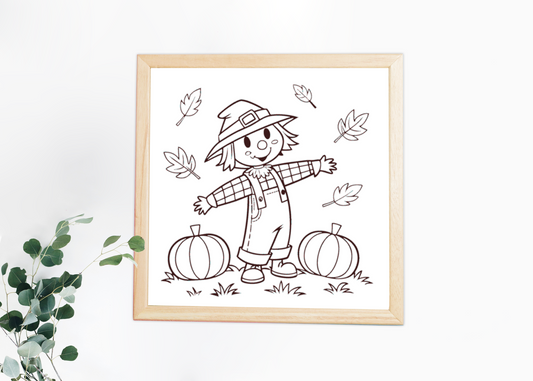 Cadre automnal avec épouvantail minimaliste et citrouilles rigolotes