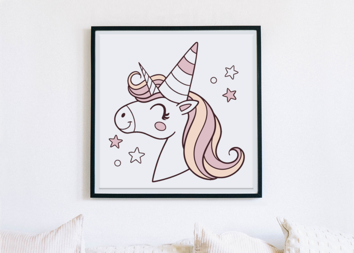 Affiche de cadre avec licorne kawaii, déco chambre enfant.