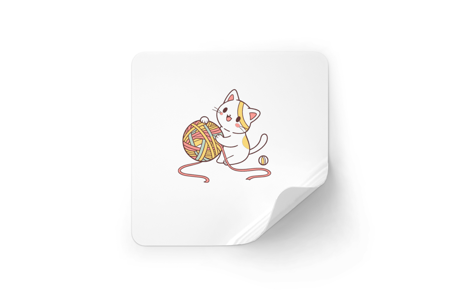 Sticker décoré d'un chat joueur avec pelote, style pastel et thème félin ludique