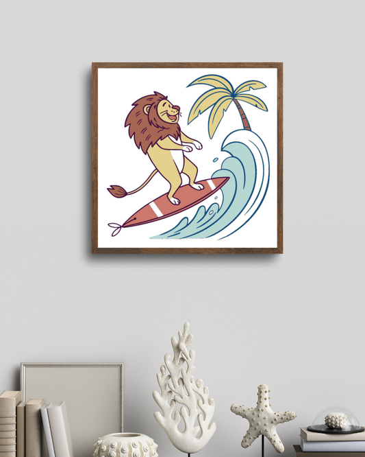 Cadre original avec un lion surfeur doodle, parfait pour un thème tropical