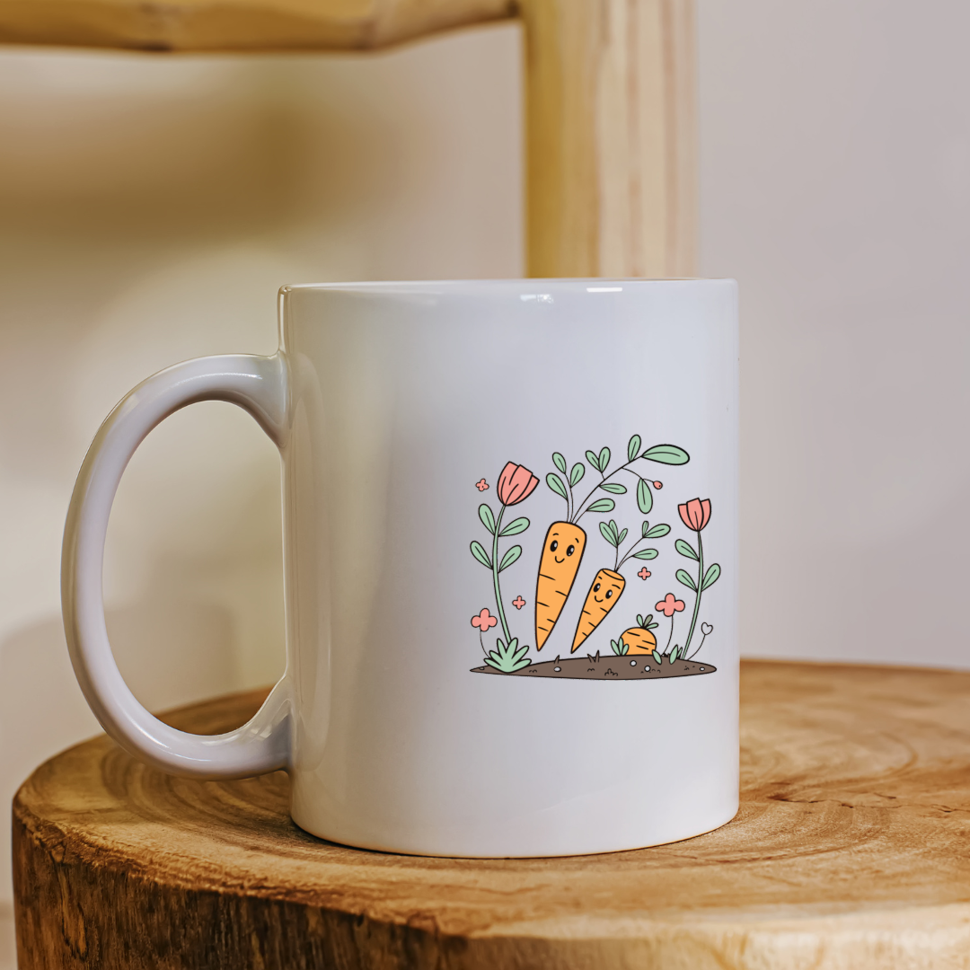 Mug décoratif avec carottes kawaii dans un jardin printanier, style joyeux