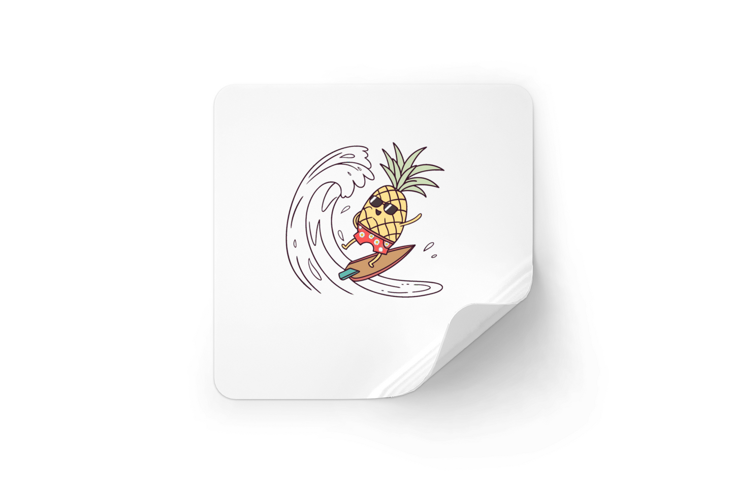 Sticker joyeux représentant un ananas surfeur sur fond coloré et estival