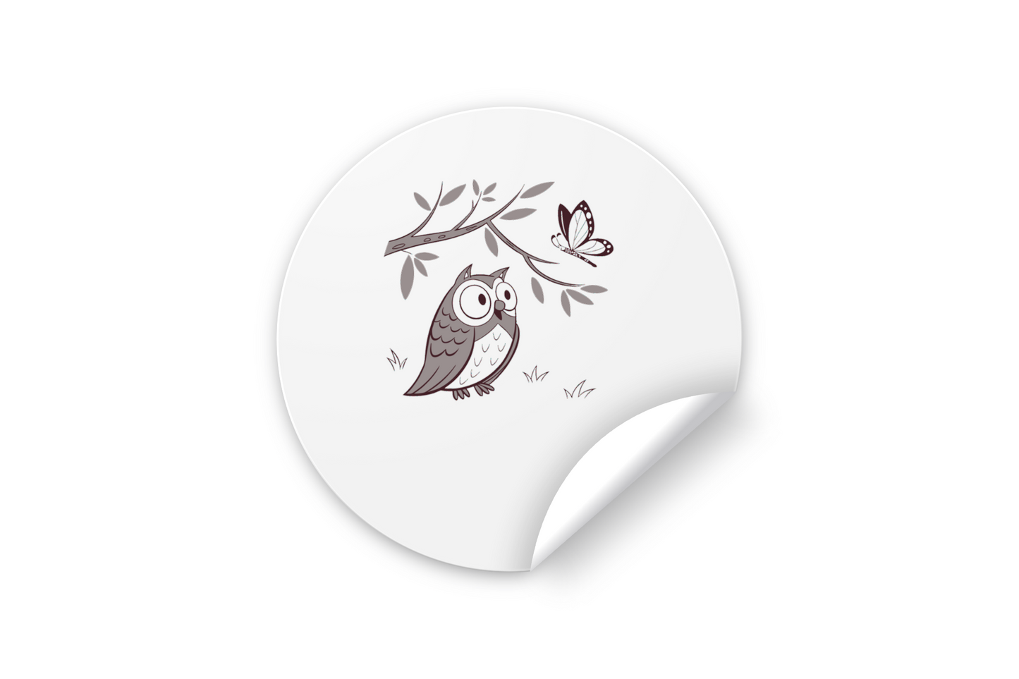 Sticker avec chouette curieuse et papillon dans un style minimaliste et serein