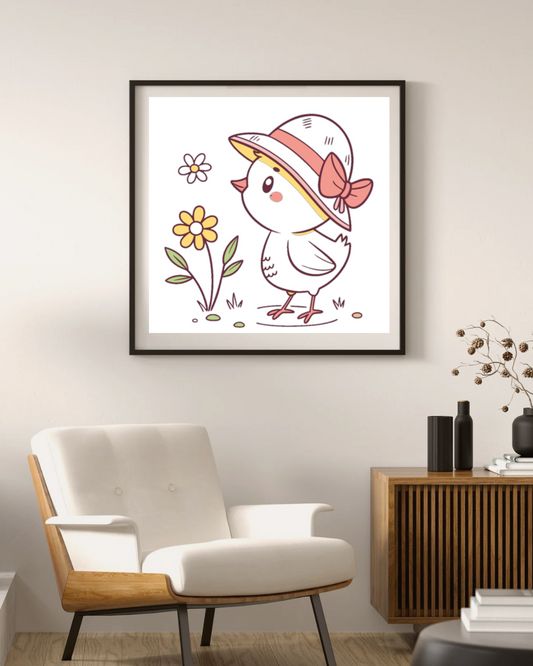Cadre décoratif affichant un poussin espiègle animé style doodle printanier