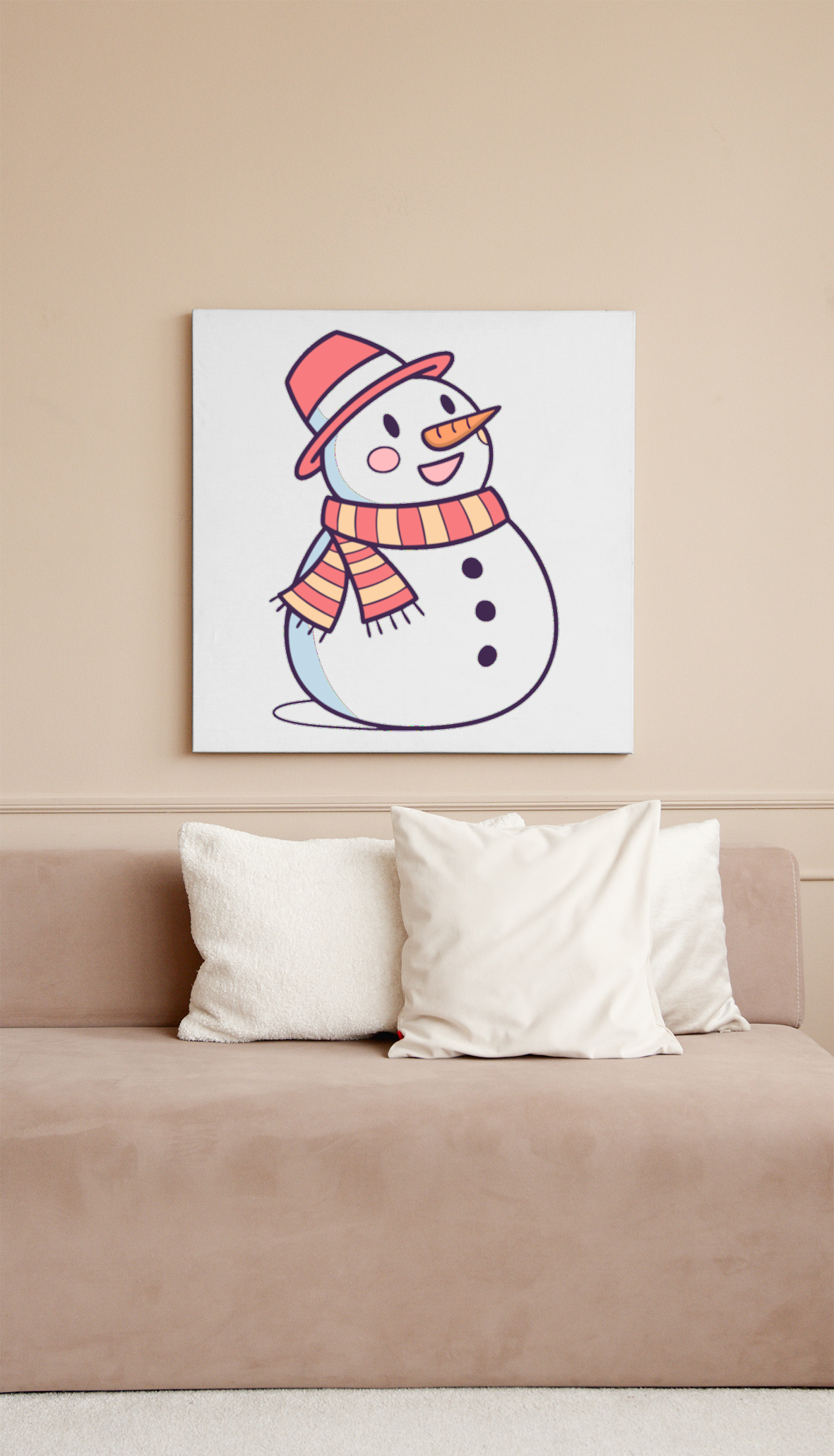 Cadre décoratif avec bonhomme de neige joyeux en tons pastel pour hiver enchanteur