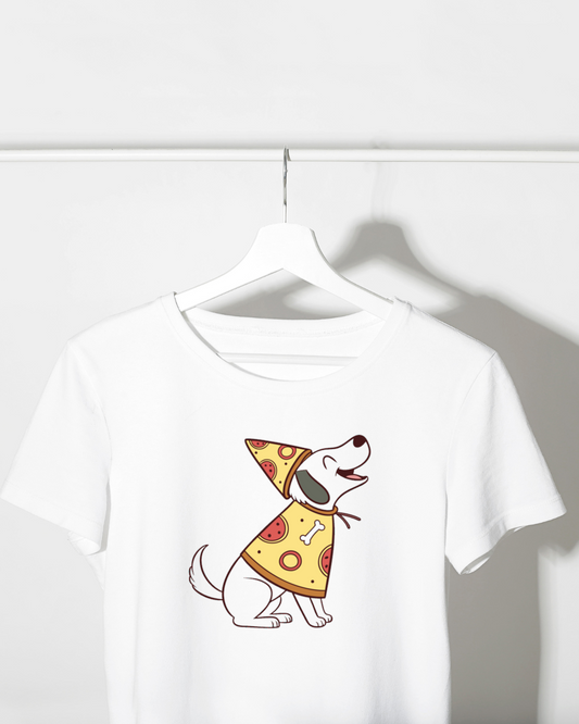 T-shirt amusant avec un chien joyeux en costume de pizza