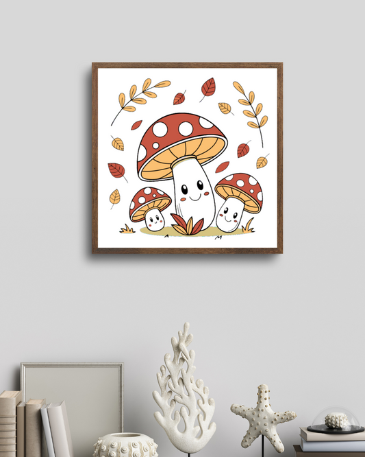 Cadre décoratif avec motif de champignons souriants en tons pastel automnaux