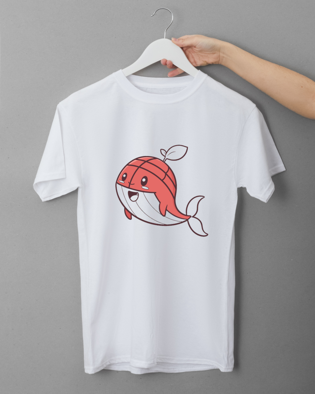 T-shirt au design kawaii avec baleine joyeuse sur fond aux couleurs de l'océan