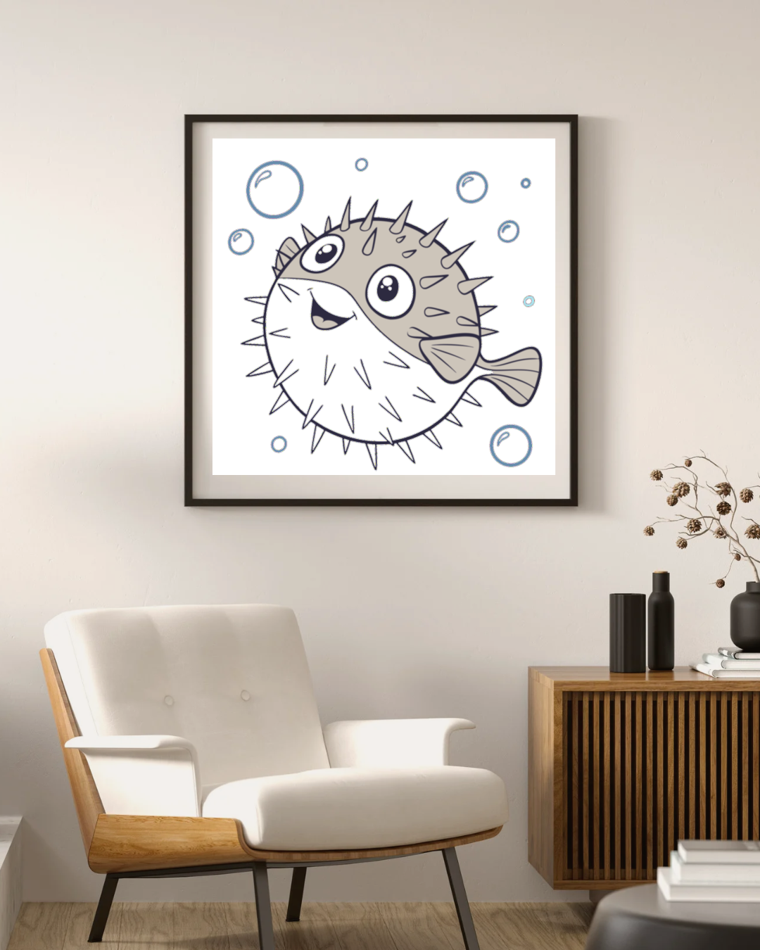 Cadre affichant un poisson-ballon souriant dans un doodle sur le thème marin