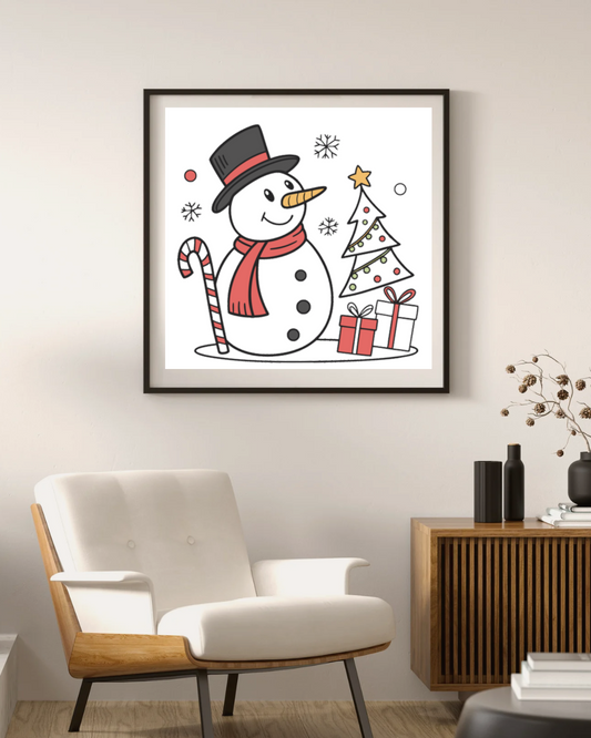 Cadre avec bonhomme de neige festif, ambiance joyeuse pour Noël