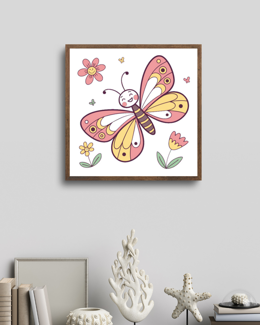 Cadre avec papillon doodle dans un jardin fleuri style printanier
