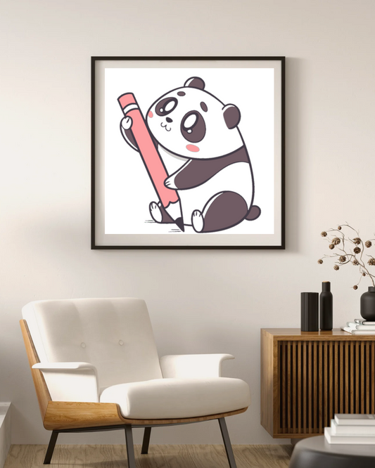 Cadre avec petit panda souriant et dessinant en style pastel pour déco murale
