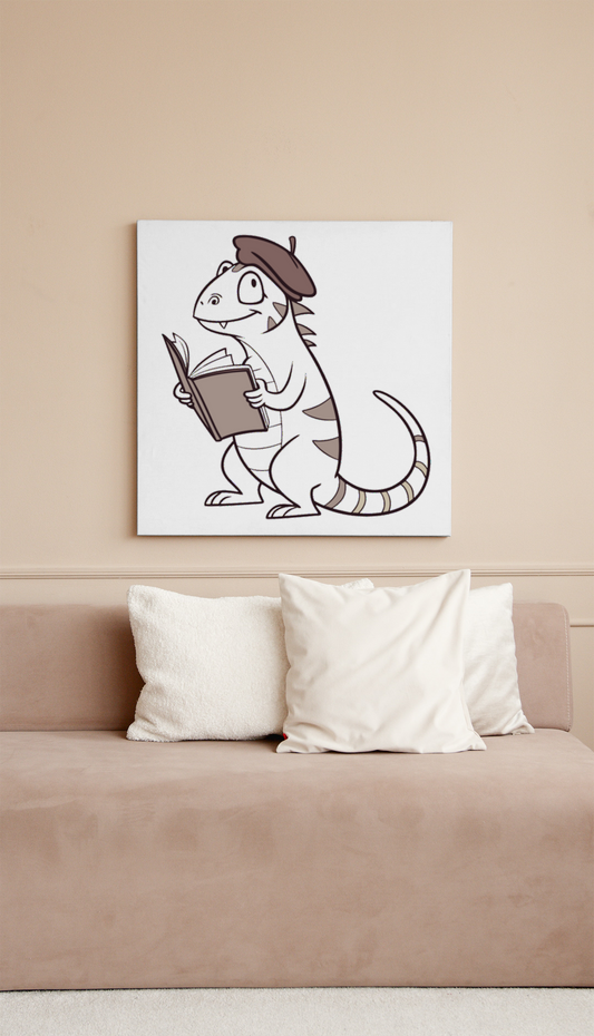 Cadre raffiné avec un lézard stylisé portant un béret dans un thème éducatif élégant