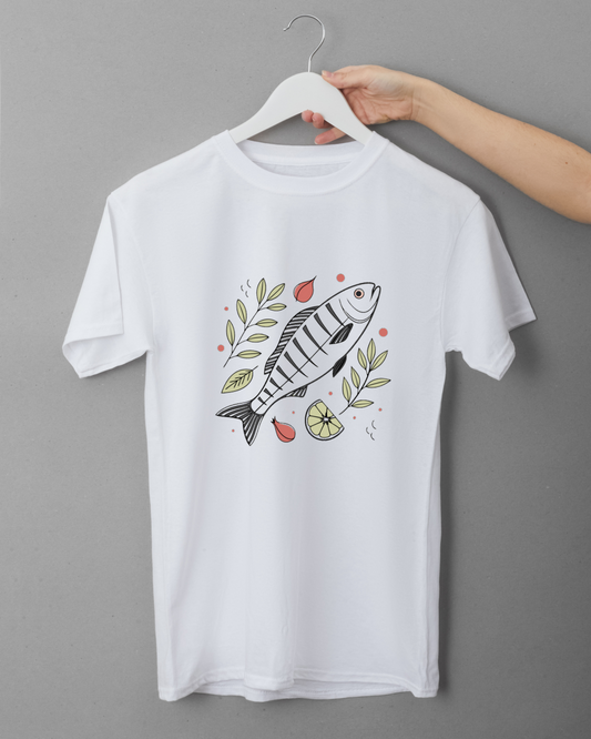 T-shirt avec design botanique vectoriel montrant un poisson au style relaxant