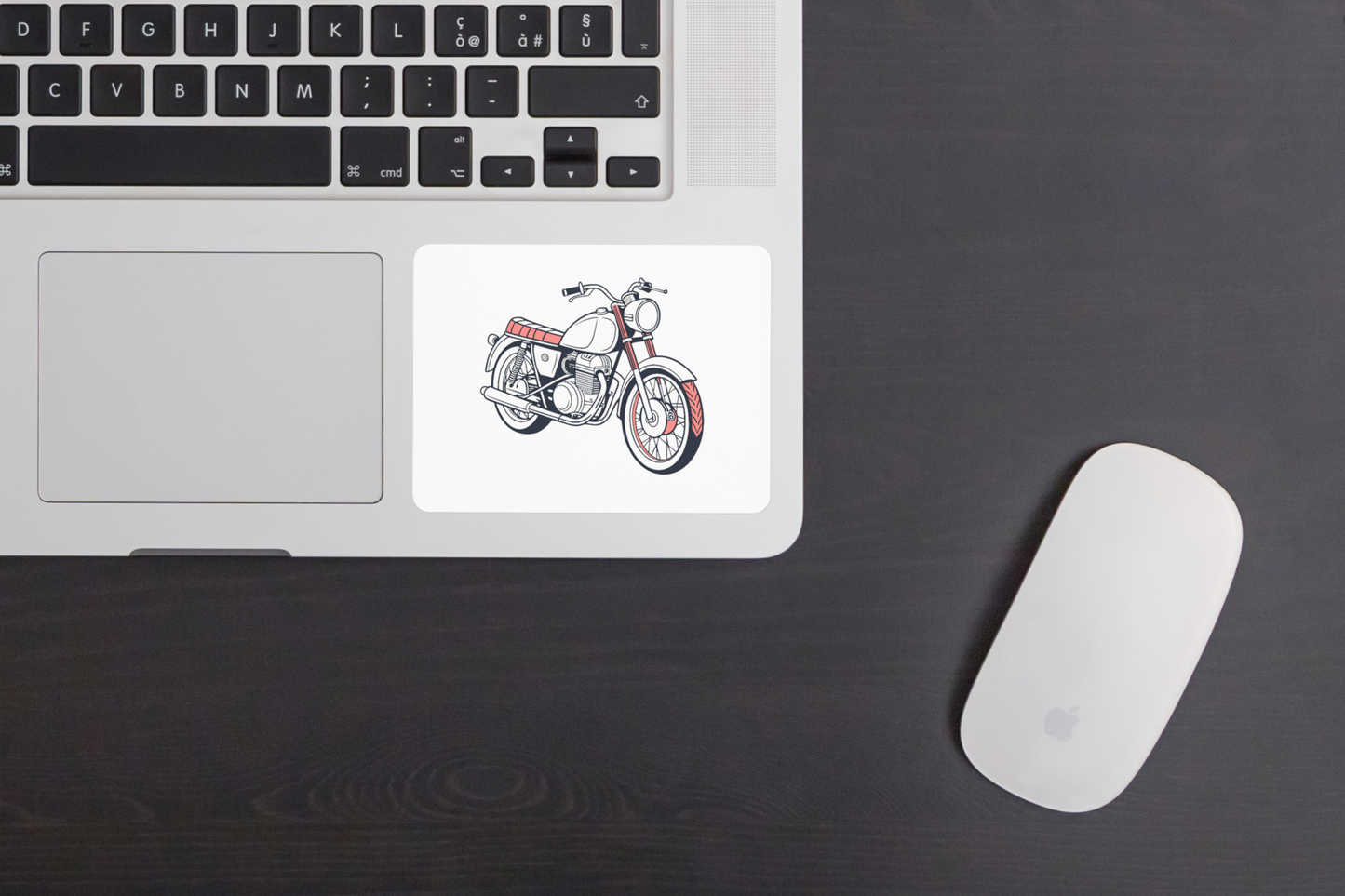 Sticker avec dessin stylisé de moto rétro sur le thème du voyage