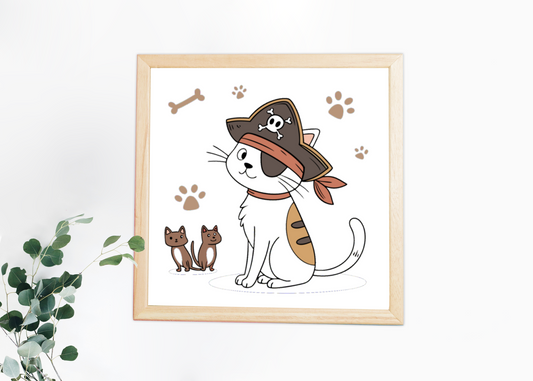 Cadre décoratif avec un chat pirate curieux aux couleurs vives style kawaii