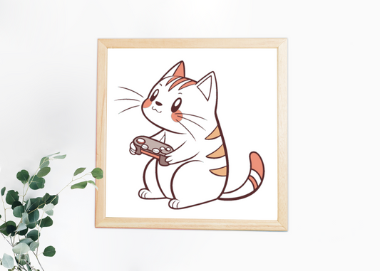 Cadre avec un chat kawaii joueur entouré d'éléments de gaming chill