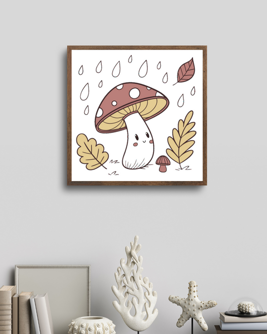 Cadre avec un champignon dessiné sous la pluie, parfait pour une ambiance automnale