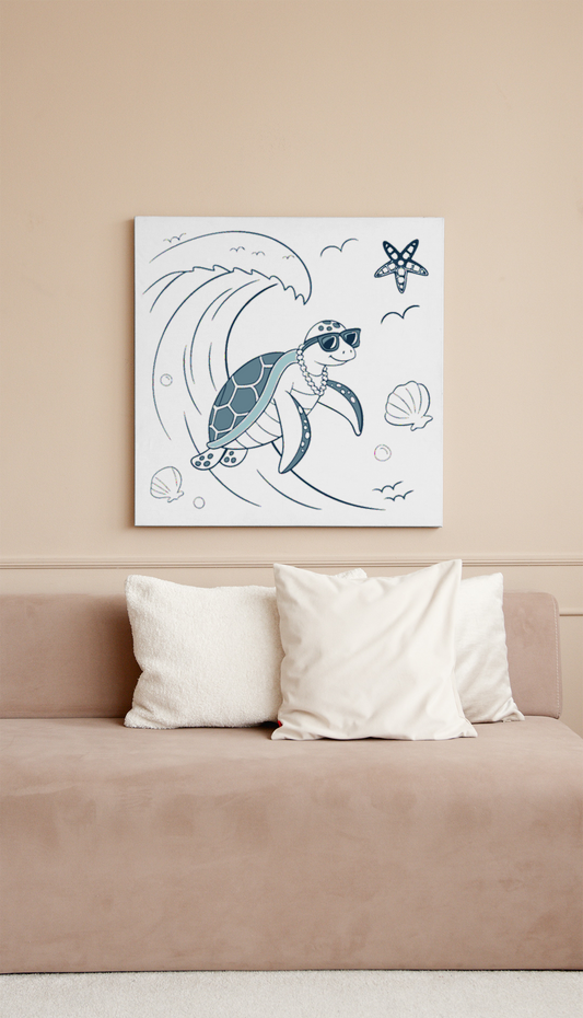 Cadre au style marin avec tortue surfeuse, parfait pour une évasion estivale