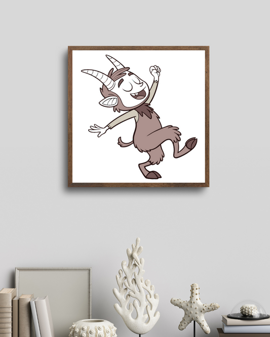 Cadre avec un satyre dansant style cartoon apportant une touche festive éclatante