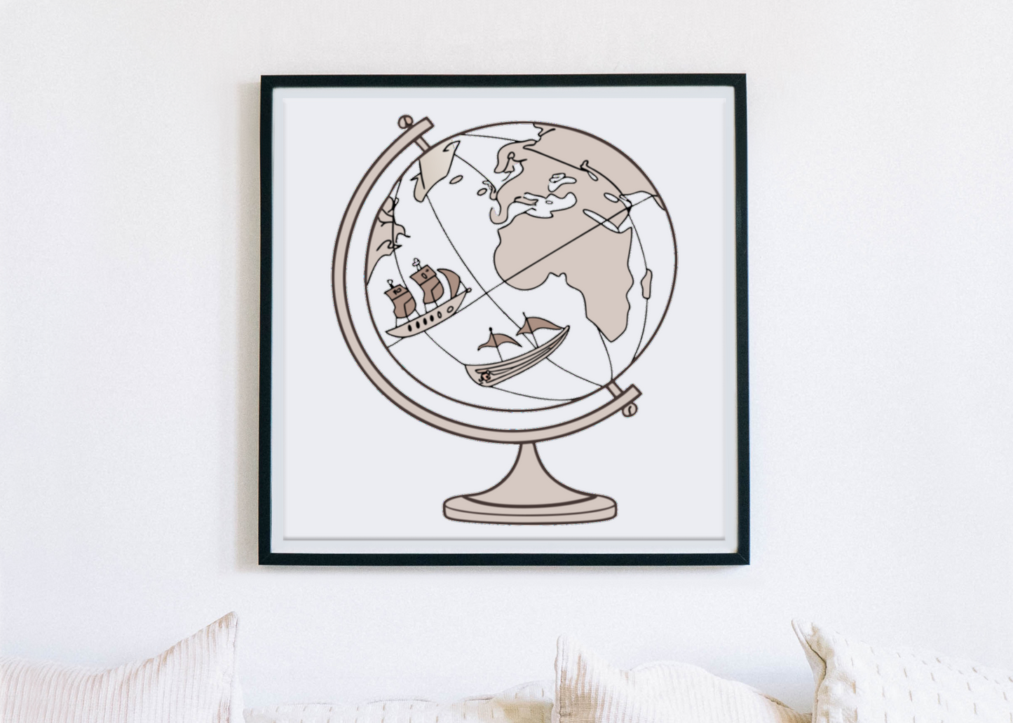 Cadre décoratif présentant un dessin vectoriel de globe explorateur pour les amateurs de voyage