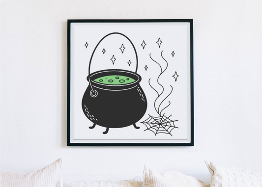 Cadre en bois présentant un chaudron mystique à vapeur pour Halloween