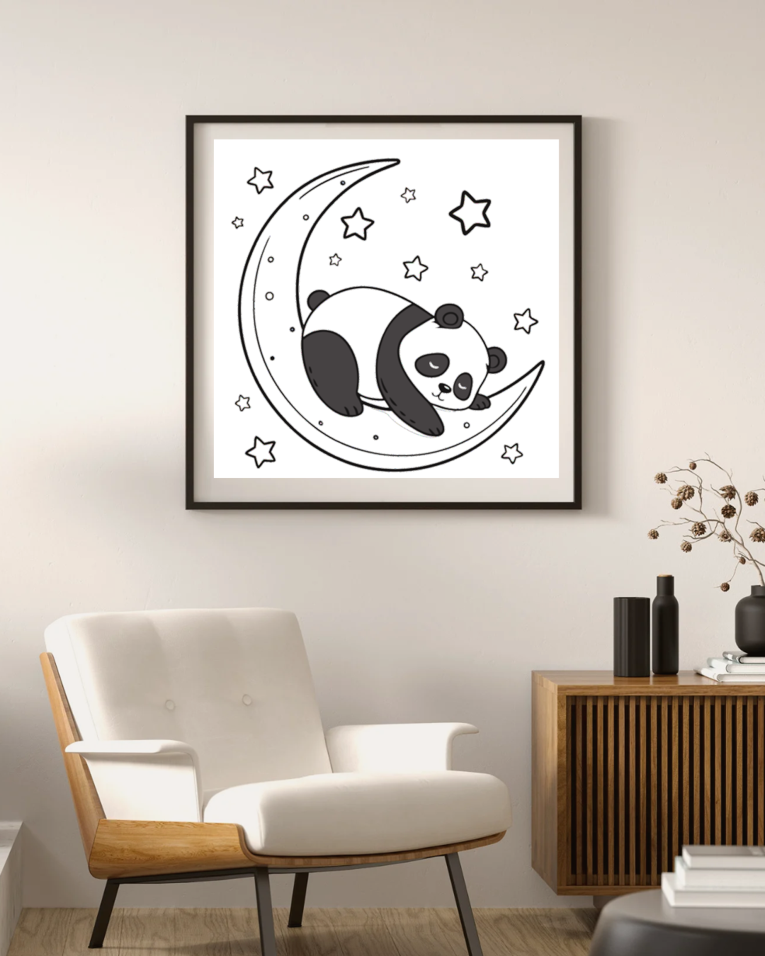 Cadre décoratif avec panda endormi sur une lune dans un style kawaii nocturne