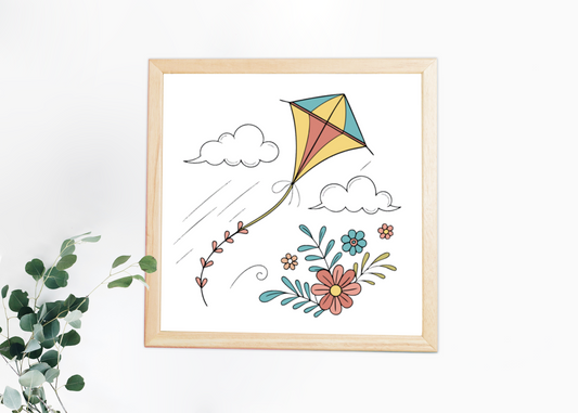 Cadre vibrant au style doodle avec cerf-volant flottant, ambiance printanière