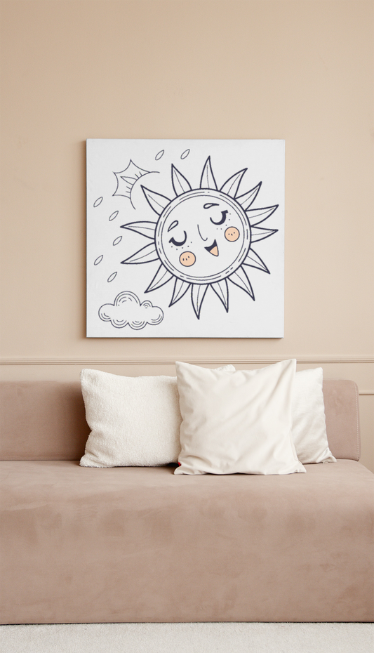 Cadre décoratif avec soleil endormi en style minimaliste évoquant la douceur