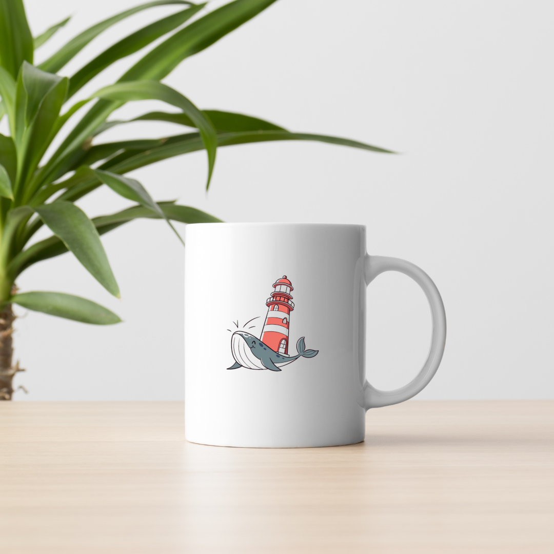 Mug avec baleine souriante et phare dans un style pastel pour une aventure marine