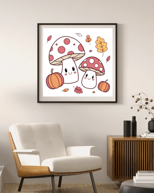 Cadre décoratif avec icône kawaï de champignons joyeux en ambiance automnale