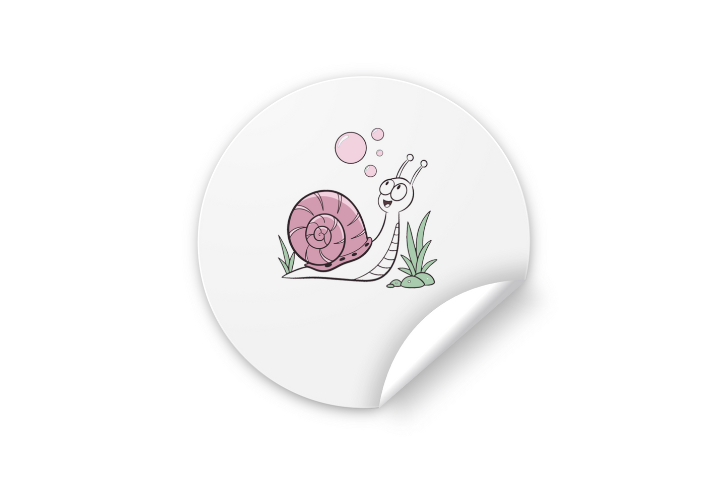 Sticker représentant un escargot joyeux aux tons pastels soufflant des bulles