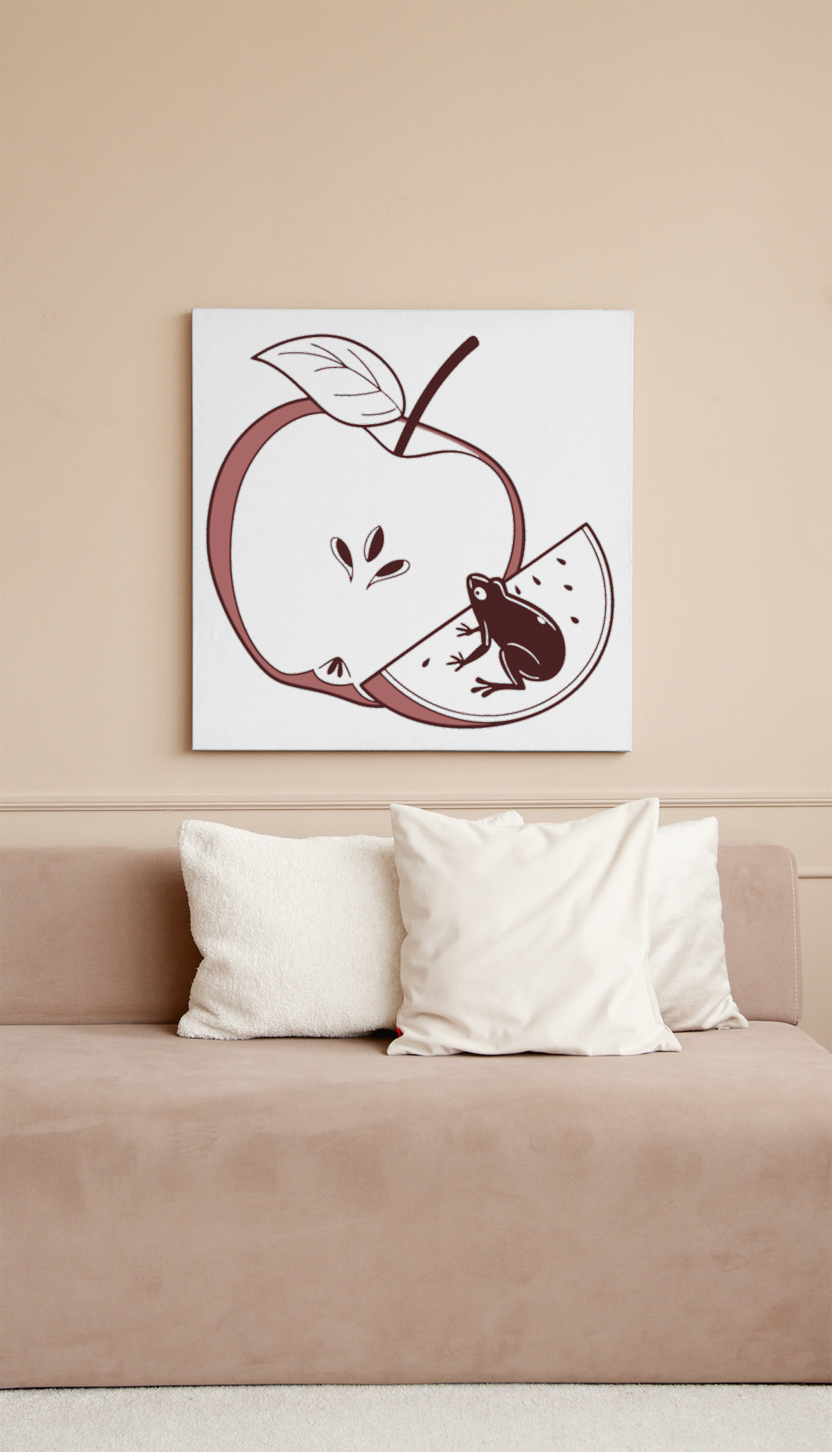 Cadre moderne avec icône grenouille doodle nature croquant une pomme