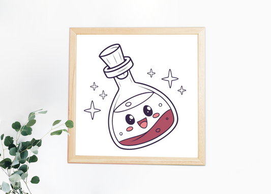 Cadre avec design kawaii affichant une potion magique aux étincelles joyeuses