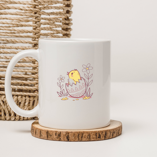 Mug style vintage avec poussin joyeux et thème printanier vibrant