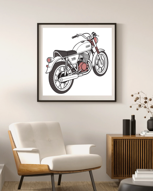 Cadre stylisé avec la moto Yamaha RD350 1973.