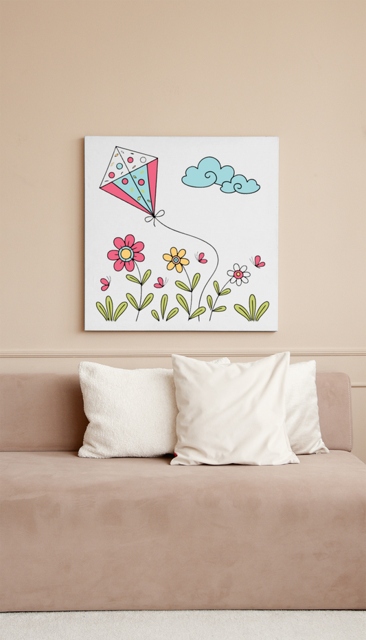 Cadre déco avec un cerf-volant doodle multicolore dans un ciel estival