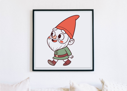 Cadre décoratif avec gnome joyeux en promenade dans un jardin illustratif