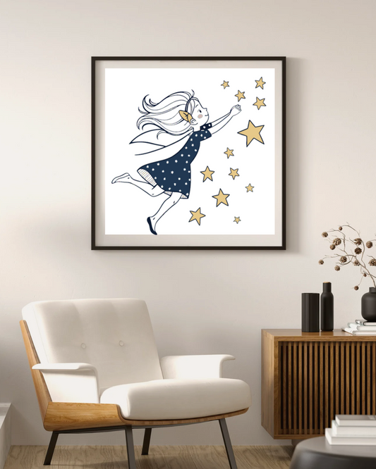 Cadre illustrant une fée douce attrapant des étoiles dans un style féerique délicat