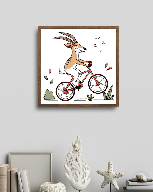 Un cadre avec une chèvre sur un vélo, style cartoon, ambiance aventurière