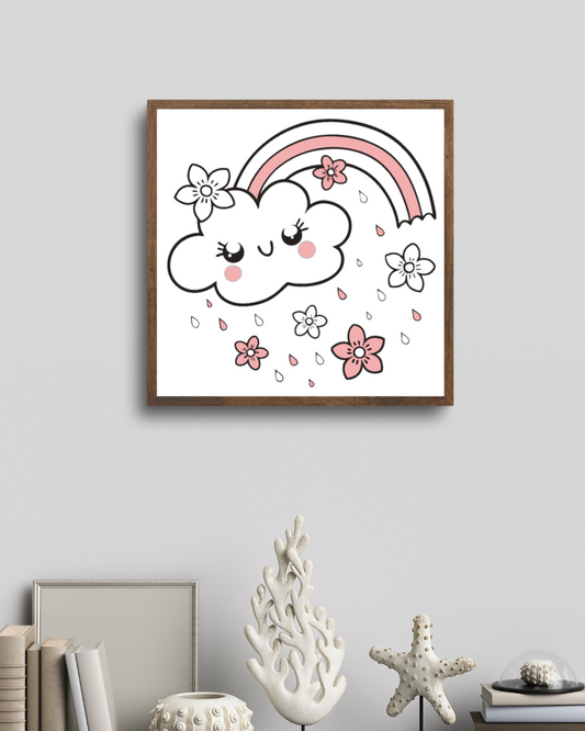 Cadre blanc affichant un motif kawaii avec un nuage joyeux et arc-en-ciel vibrant