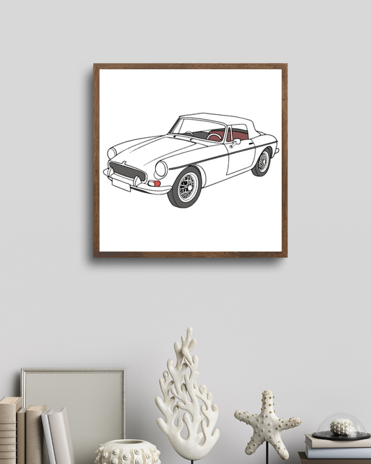Illustration d'une voiture MG B classique en cadre pour déco intérieure rétro.